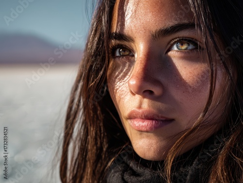 Close-up of a woman with long brown hair and green eyes gazing thoughtfully with sunlight casting shadows, creating a dramatic effect on her facial features, wearing a dark scarf