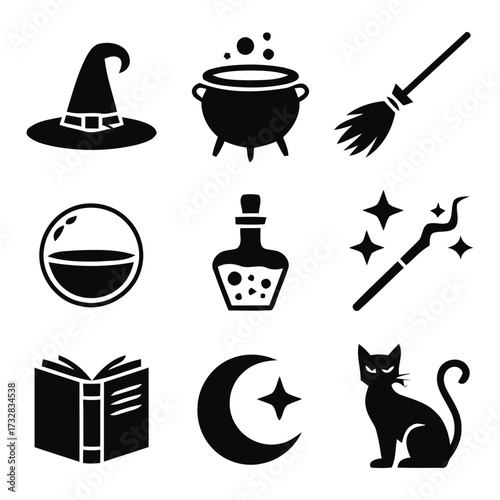 Witchcraft Magic Spells and Wizardry Halloween Black Vector Icon Set

