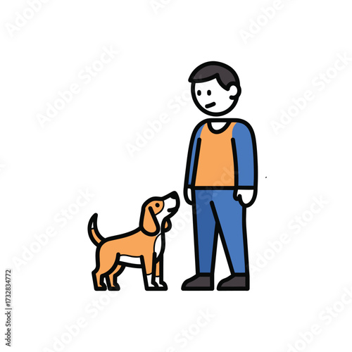 Stylized human figure and a dog interacting in a friendly manner isolated on white background