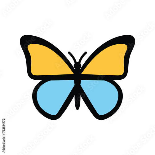 A simple graphic representation of a butterfly with yellow upper wings and blue lower wings isolated on white background