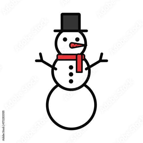 A cheerful cartoon snowman wearing a black hat and red scarf with button eyes and carrot nose isolated on white background