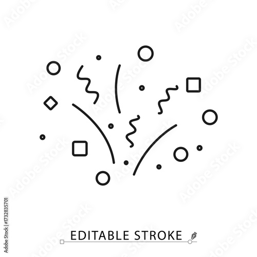 An exploding confetti icon in a minimalist line style with editable stroke. Party celebration, birthday surprise, festival decoration, carnival event, happy holiday background element.