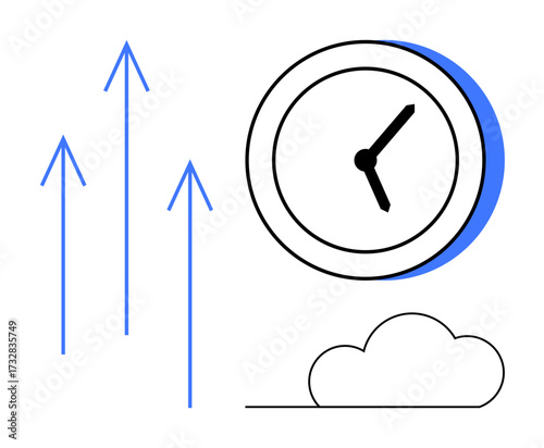 Clock with bold hands beside upward arrows and cloud symbolizing progress, efficiency, and technology. Ideal for productivity, time management, success, growth, planning, innovation modernity
