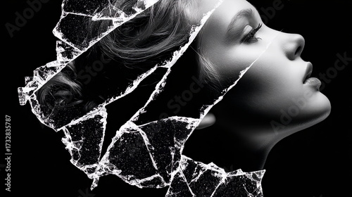 Side profile of a woman with a shattered glass effect creating an artistic and dramatic composition in black and white