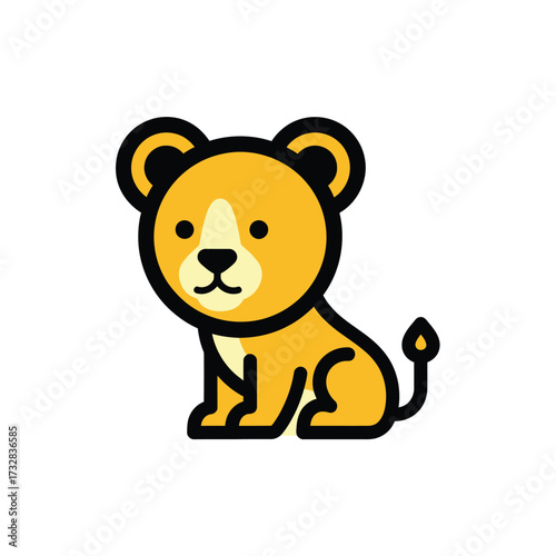 Cute cartoon lion cub sitting patiently with big ears and a small tail isolated on white background