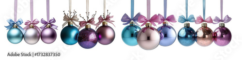 Row of hanging christmas ornaments with bows, isolated on transparent background