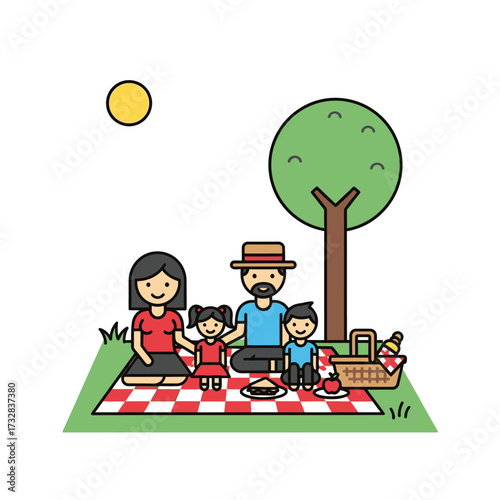 Happy cartoon family enjoying a sunny day picnic under a tree on a checkered blanket isolated on white background