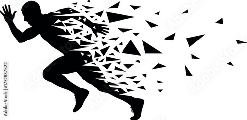 Silhouette runner disintegrating into fragments, symbolizing speed, motion, transformation, energy, progress, dynamic movement, athletic power, and futuristic evolution concept