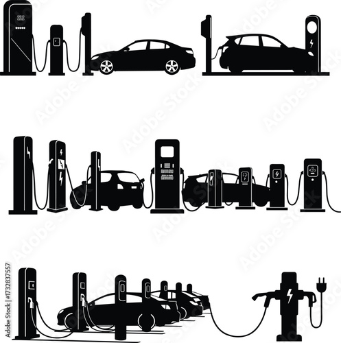 Electric vehicle charging station silhouette set, eco transport, plug-in cars, sustainable mobility, vector design, green energy