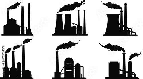 Industrial factory buildings with chimneys, smoke pollution from power plants, toxic emissions, environment damage, climate change illustration