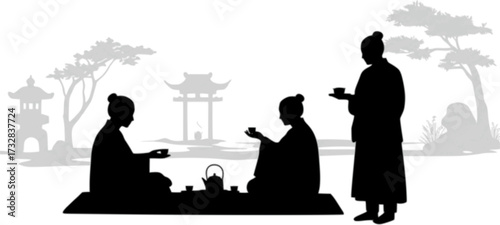 Silhouette tea ceremony. Asian traditions and culture.
