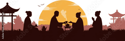 Silhouette tea ceremony. Asian traditions and culture.
