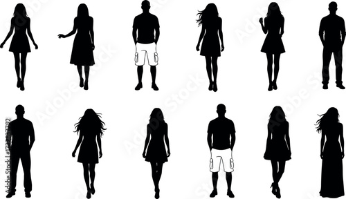 Silhouette set of diverse male and female figures in various outfits and poses for design, identity, and creative vector use