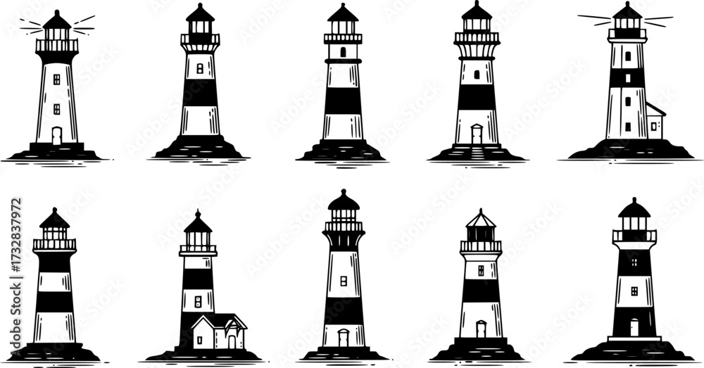Obraz premium vector set of coastal lighthouse illustrations in modern take on retro woodcut 
