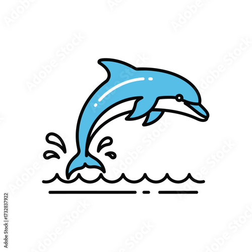 Stylized blue dolphin leaping joyfully from ocean waves isolated on white background