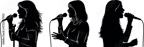Silhouette singers performing with microphones in dynamic poses, music concert illustration for vocal art, entertainment, and stage expression themes