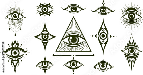 All-Seeing Eye Icon – Symbol of Enlightenment, Spiritual and Mystical Vector Illustration, Occult and Esoteric Design, Eye Logo for Print, Digital, and Branding Use, Tribal Tattoo Vector Set