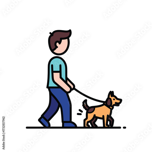 Stylized person walking a dog on a leash with a casual stroll isolated on white background