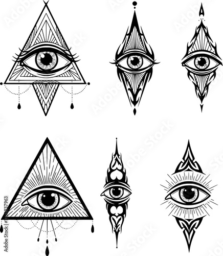 All-Seeing Eye Icon – Symbol of Enlightenment, Spiritual and Mystical Vector Illustration, Occult and Esoteric Design, Eye Logo for Print, Digital, and Branding Use, Tribal Tattoo Vector Set