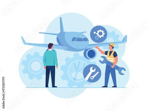 Aircraft maintenance and aviation service concept with engineers working on airplane engine and turbine isolated on white background