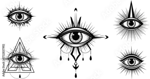 All-Seeing Eye Icon – Symbol of Enlightenment, Spiritual and Mystical Vector Illustration, Occult and Esoteric Design, Eye Logo for Print, Digital, and Branding Use, Tribal Tattoo Vector Set