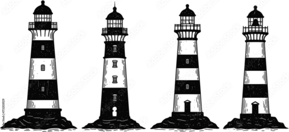 Obraz premium vector set of coastal lighthouse illustrations in modern take on retro woodcut 
