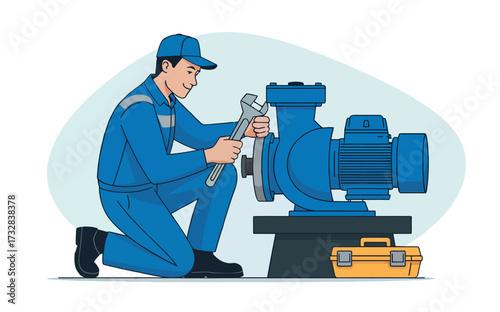 Skilled mechanic in blue uniform performing maintenance on industrial pump machine with tools nearby isolated on white background