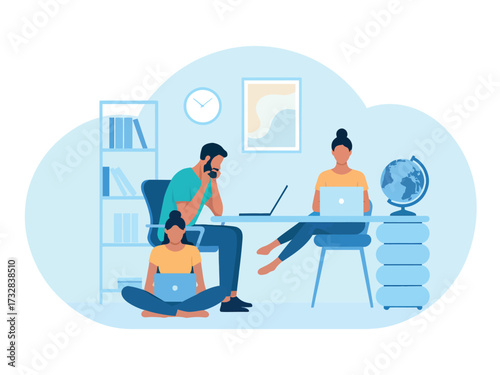 Modern family working remotely together in a bright home office environment studying and collaborating seamlessly isolated on white background