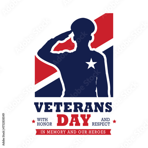 Patriotic Veterans Day illustration featuring silhouettes of saluting soldiers, stars, and stripes in red, white, and blue. Ideal for honoring military service and national holidays.