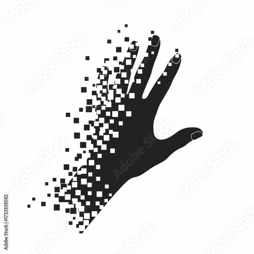 Black silhouette of a human hand disintegrating into digital pixels on a white background, symbolizing technology and virtual transformation