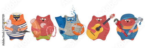 A set of cute cats with different hobbies: a captain, a diver, a plumber, and a sausage and music lover. A fun character for a mascot. Vector image for stickers, design, and cards.