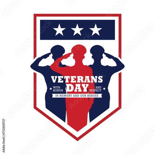 Patriotic Veterans Day illustration featuring silhouettes of saluting soldiers, stars, and stripes in red, white, and blue. Ideal for honoring military service and national holidays.
