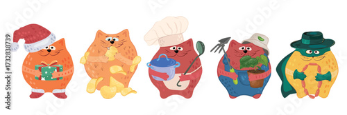 A set of cute cats with different hobbies: a chef, a gardener, Santa Claus, a sausage lover, a cook, and a potato chip lover. A fun character for a mascot. Vector image for stickers, design, and cards