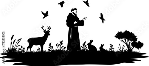 Silhouette Vector, Saint Francis of Assisi with Animals Vector Illustration – Christian Artwork of Saint in the Woods with Birds and Wildlife
