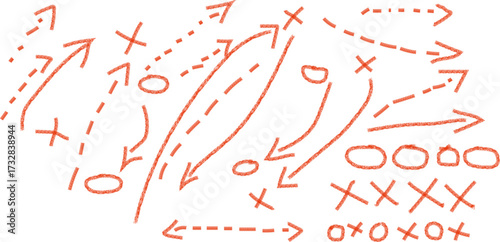 Hand-drawn diagram with arrows, circles, and crosses, possibly a sports play or strategy illustration.