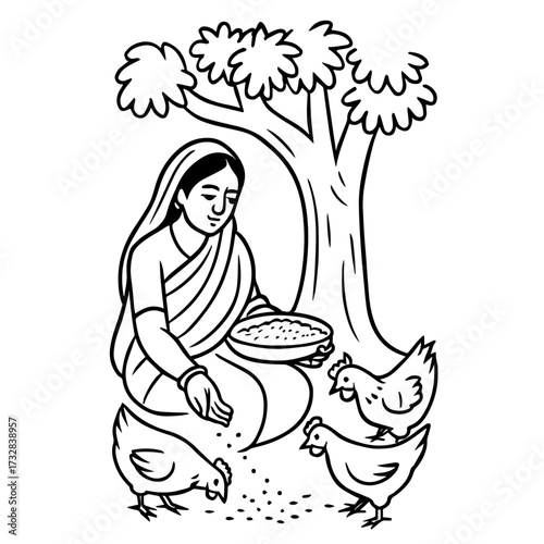 Feeding Chickens Under Tree vector
