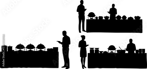 Set of Silhouette Buffet and People. Vector Illustrations of Dining Table, Food and Guests at Banquet or Party
