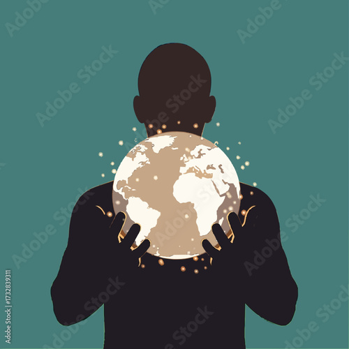 Holding the glowing world in his hands, a conceptual illustration of global power, connection and future