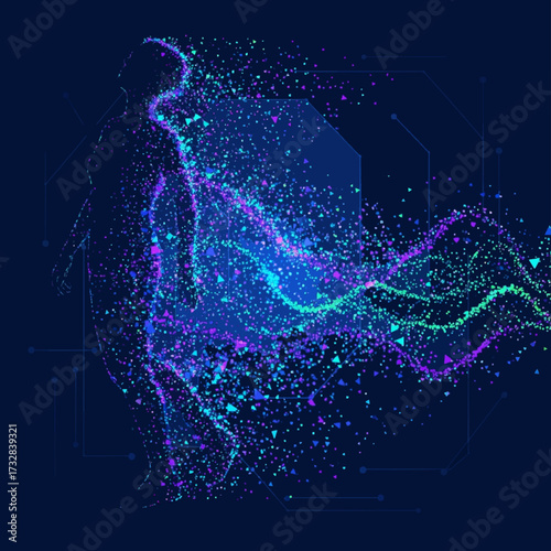 Futuristic concept of a human figure dissolving into a vibrant stream of glowing digital particles