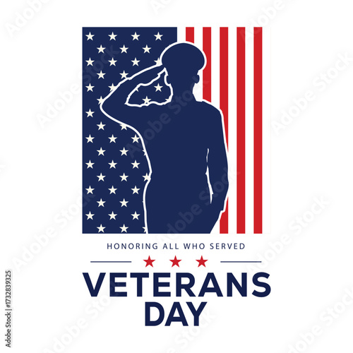 Patriotic Veterans Day illustration featuring silhouettes of saluting soldiers, stars, and stripes in red, white, and blue. Ideal for honoring military service and national holidays.