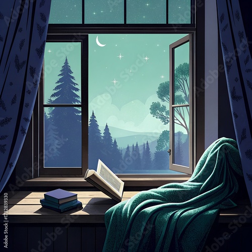 Cozy reading nook with blanket by open window and tree view