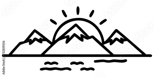 Mountain landscape vector illustration with a woman silhouette symbol and sun design