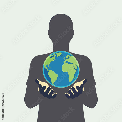 A person's silhouette holding planet Earth near their heart, a powerful symbol of global responsibility, love for the world, and environmental awareness