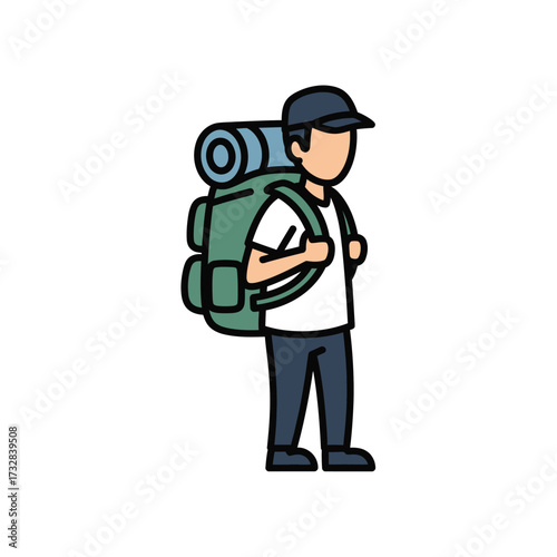 Cartoon character with a large backpack and rolled sleeping bag ready for an adventure isolated on white background