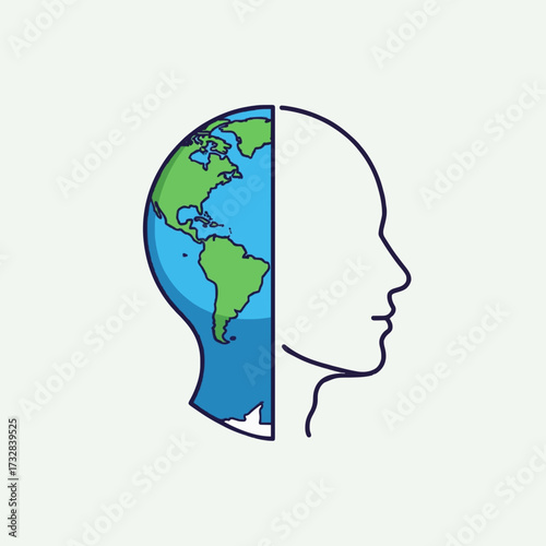 Creative illustration symbolizing the connection between the human mind and the world, showing a planet Earth map within a head silhouette