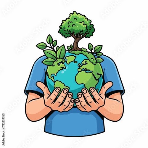 Illustration of human hands holding planet Earth with a flourishing tree, a powerful symbol of environmental care, sustainability, and conservation