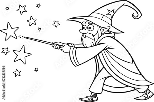 Cartoon Wizard Casting a Spell with a Magic Wand Surrounded by Stars Illustration