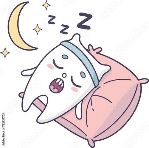 Cute Tooth Cartoon Character Sleeping Peacefully on a Pink Pillow