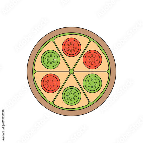 Delicious Pizza with Tomato and Cucumber Toppings Vector Illustration Art