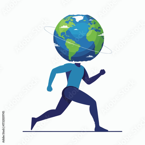 Conceptual illustration of a person running with planet Earth as a head, representing global ambition, environmental action, and a worldwide race towards progress